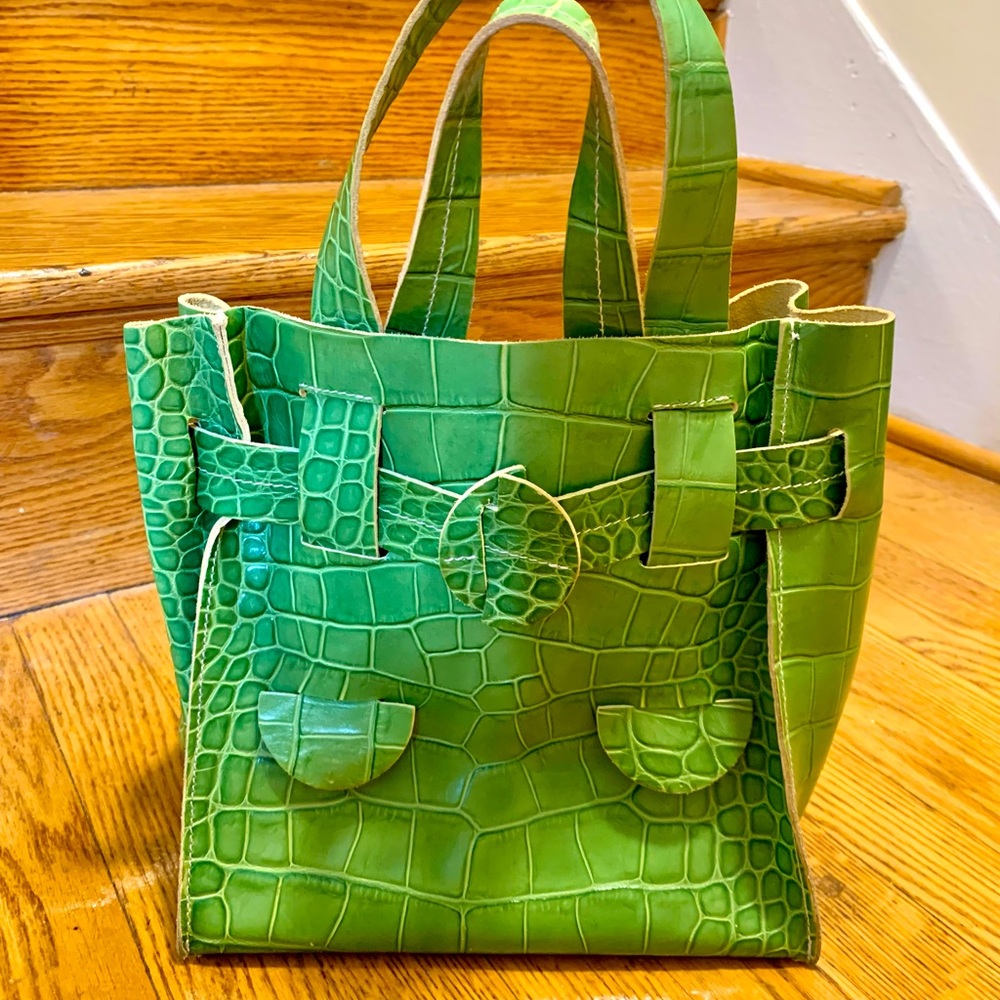 FURLA Divide It Green Croc Buckle Tote